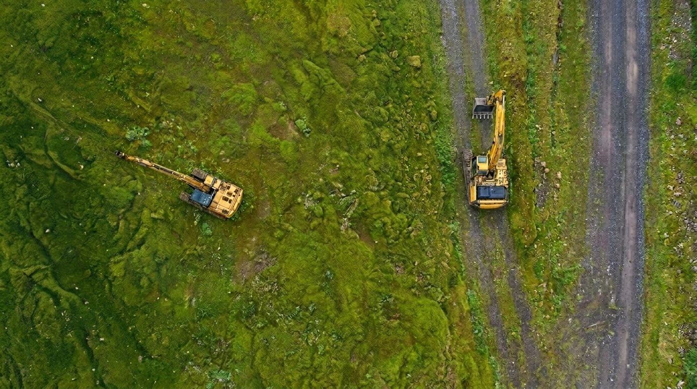 Loftmynd af gröfum við jarðvinnu á grónu landi